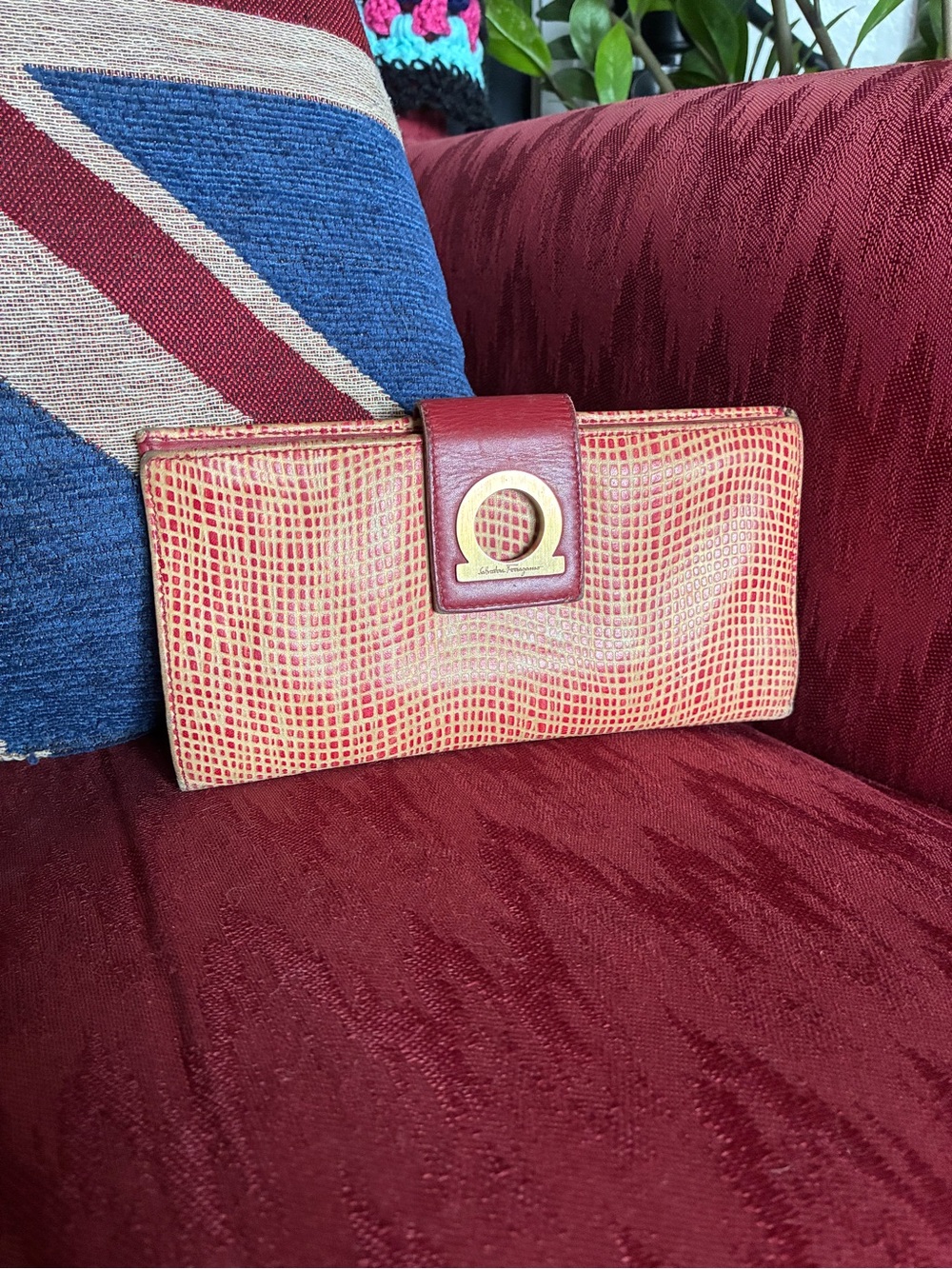 Salvatore Ferragamo Red Textured Leather Long Wallet With Gold Hardware